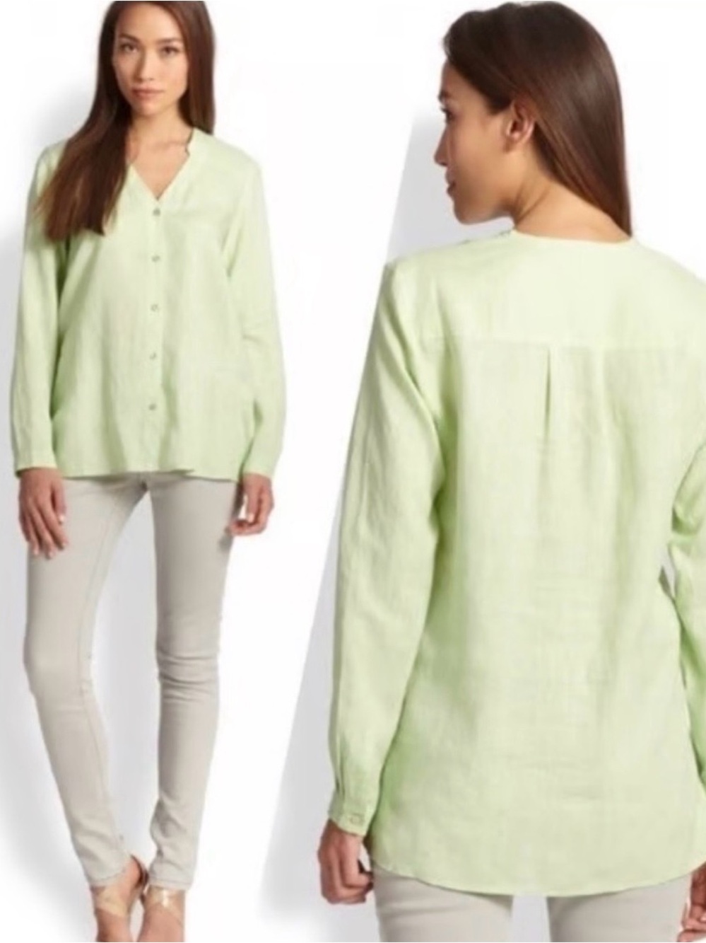 Eileen Fisher Irish Linen Blouse Womens light Mint Green Button Front Size L